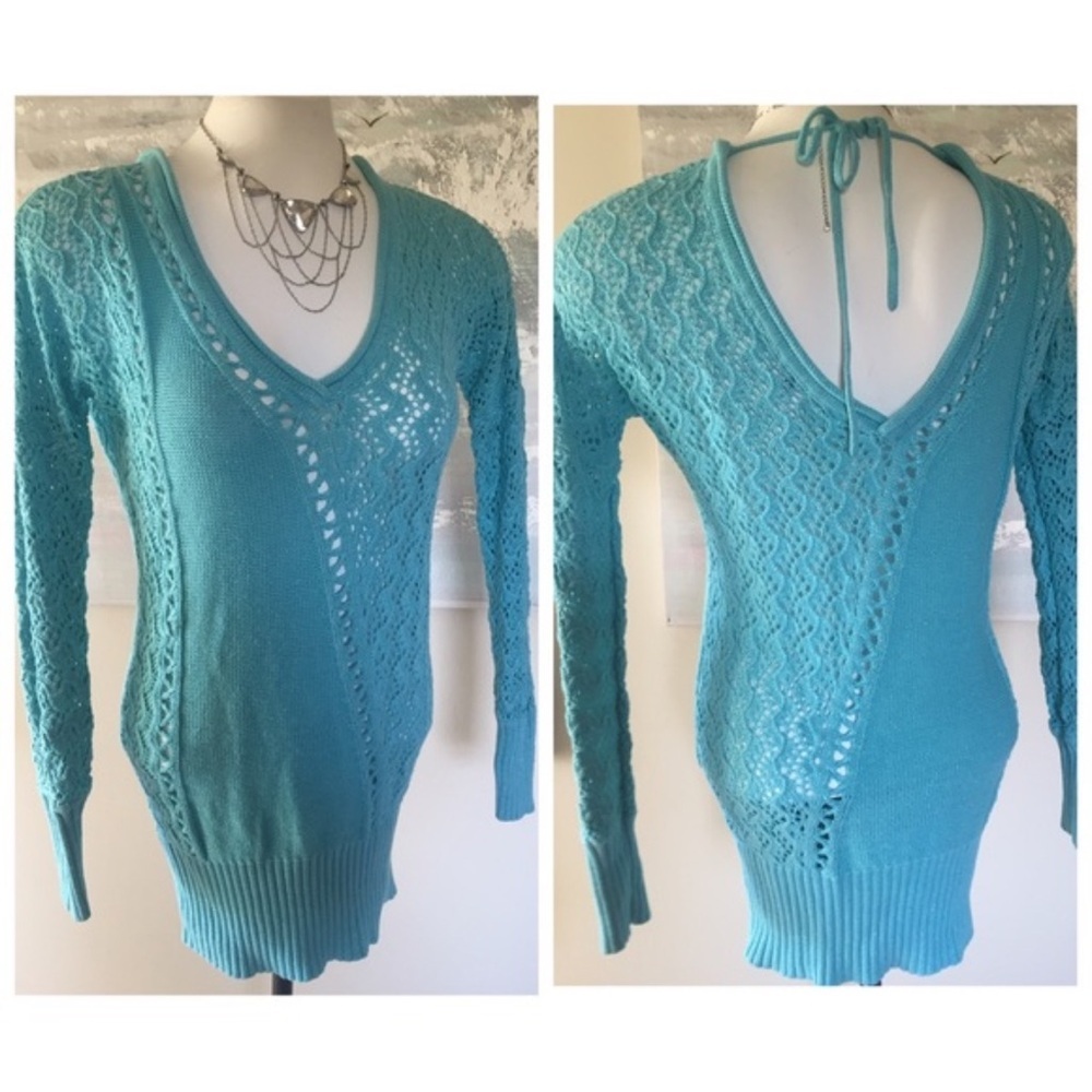 CACHE V-Neck Women's Genuine Silk Blend Open Stich Knit top in Seafoam - Picture 2 of 4